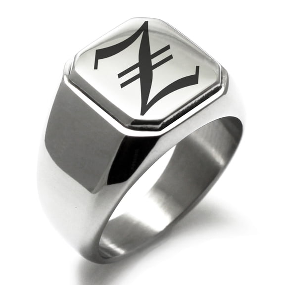 Stainless Steel Letter Z Initial Old English Monogram Engraved Engraved Square Flat Top Biker Style Polished Signet Ring