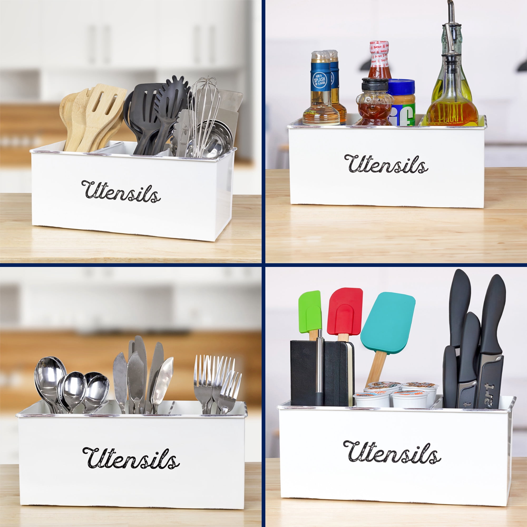 AuldHome Design Large Enamelware Utensil Holder, White Farmhouse Cooking Caddy or Spoons/Forks/Knives Storage for Countertop and Table