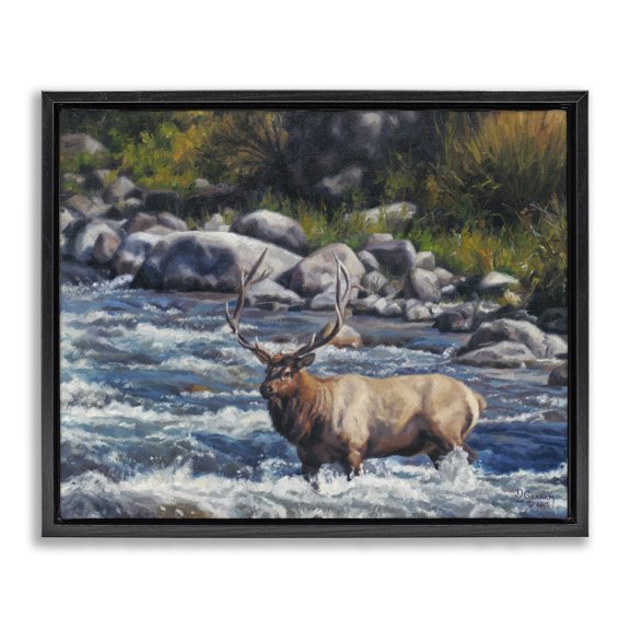 Stupell Industries Farmhouse Crossing The Rapids Elk Wildlife Black Floating Frame Canvas Art, 21 x 17, by David Graham