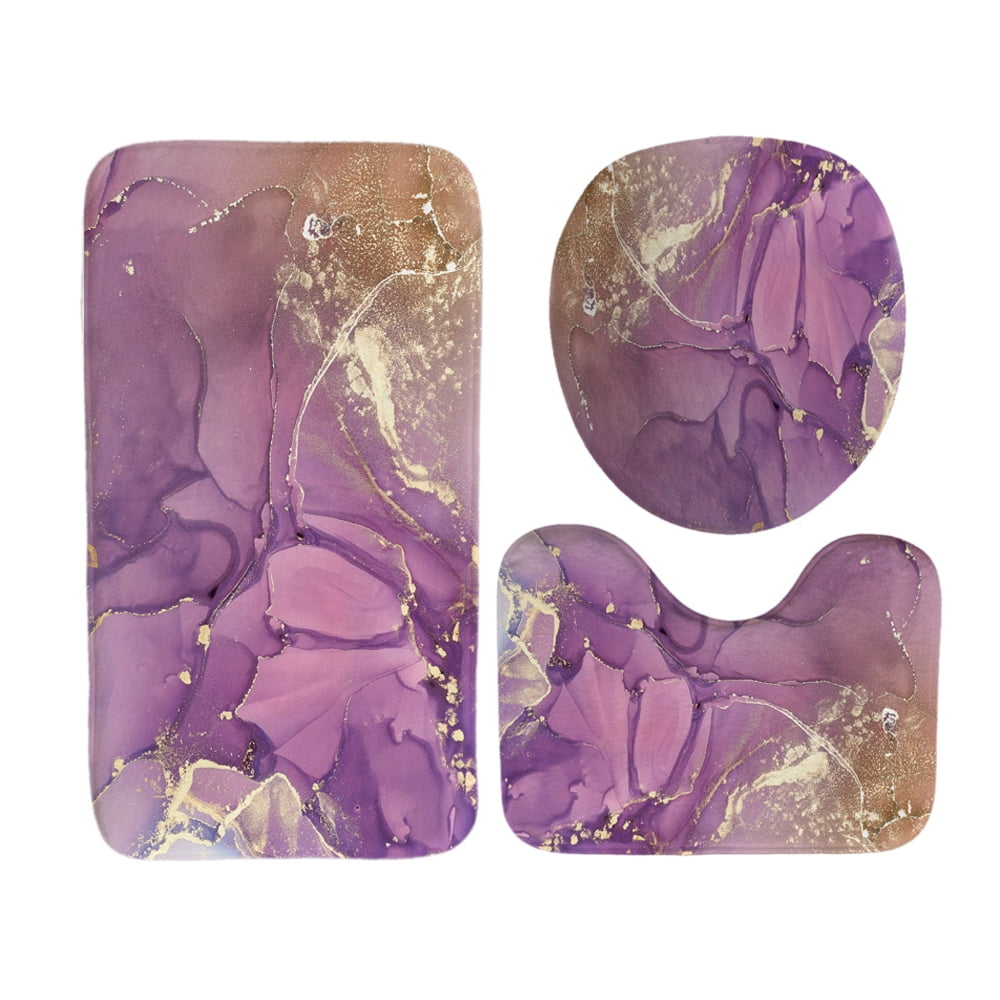 4 Pcs Bathroom Shower Curtain Set Purple Marble Pattern Bathroom Sets with Rugs (Bath Mat,U Shape and Toilet Lid Cover Mat) and 12 Hooks Machine Washable