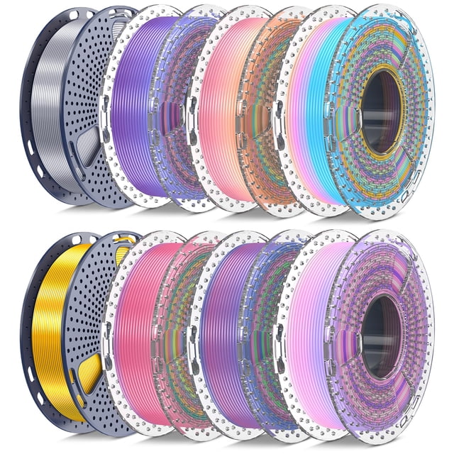 Filamento SUNLU Silk PLA+ de 0.069 in, multicolor, 250 g x 8, paquete de filamentos para impresora 3D PLA Plus sedoso y brillante, 6 series Rainbow+oro+plata