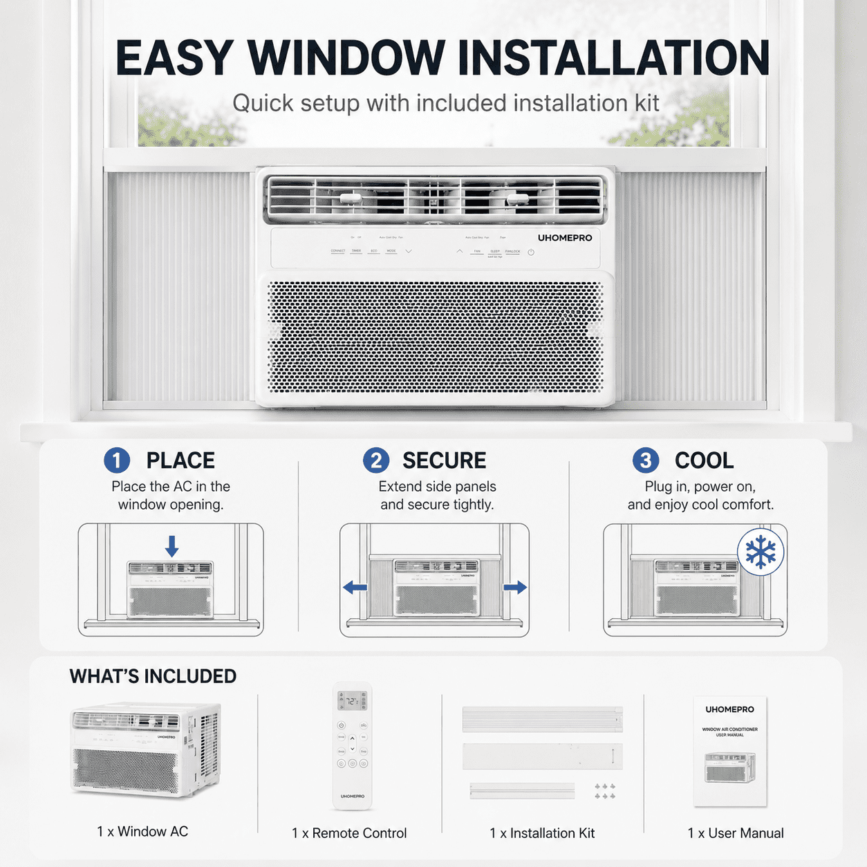 10000 BTU Smart Window Air Conditioner, Cools 450 Sq.Ft with 4 Modes, Washable Filter, 35% Energy Saving, App/Remote and LED Control, 52 dB Noise for Living Room, Easy to Install