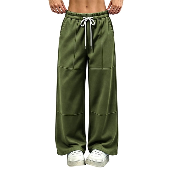 ZHYou No Boundarie Women's Wide Leg Sweatpants Elastic Drawstring Waist Seamed Panel Loose Straight Casual Athletic Long Pants,Army Green,Size XL