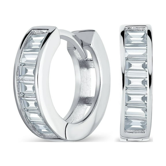 Bling Jewelry Womens Clear Baguette Cut CZ Huggie Mini Hoop Earrings .925 Sterling Silver