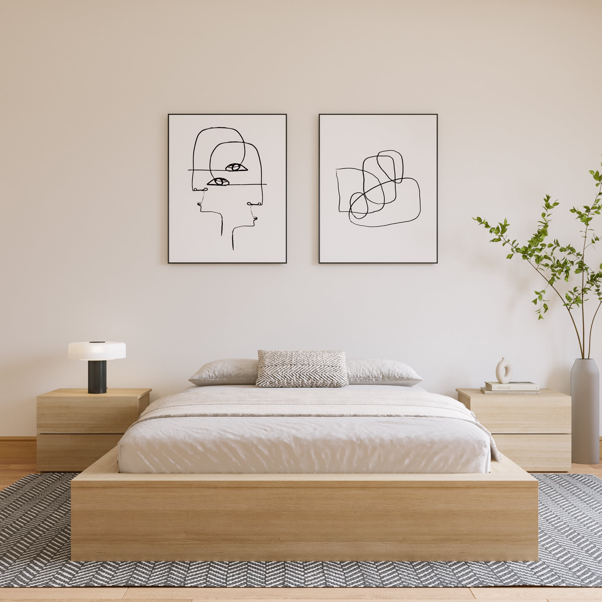 Nexera James Queen Size Platform Wood Bed Frame, Natural Blonde Oak