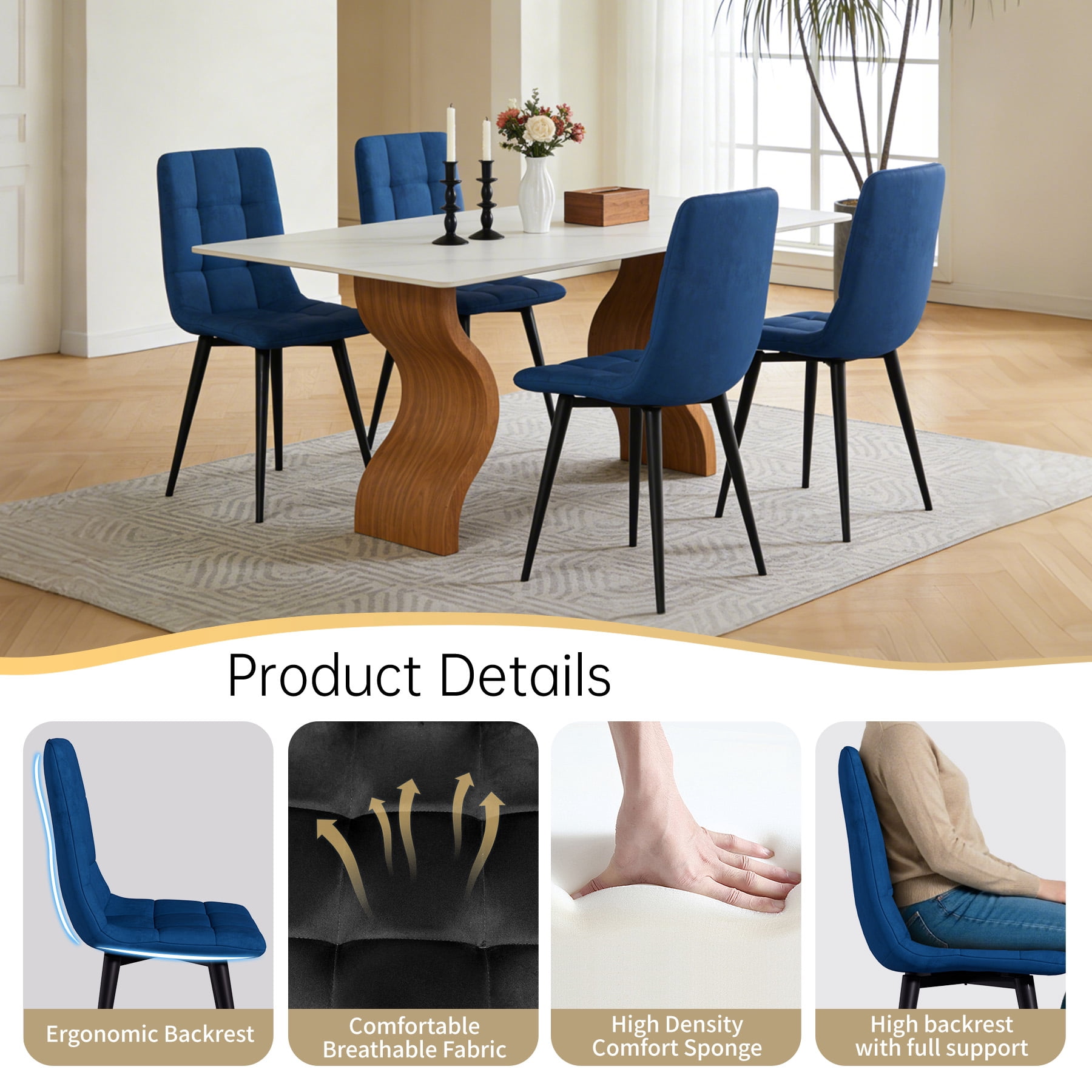 SHGJ&SOFT 360° Swivel Velvet Upholstered Dining Chairs Set of 4, Mid Century Modern Accent Chairs with L-Shaped Backrest, Adjustable Metal Legs for Kitchen Living Room(Blue1, 4pc)