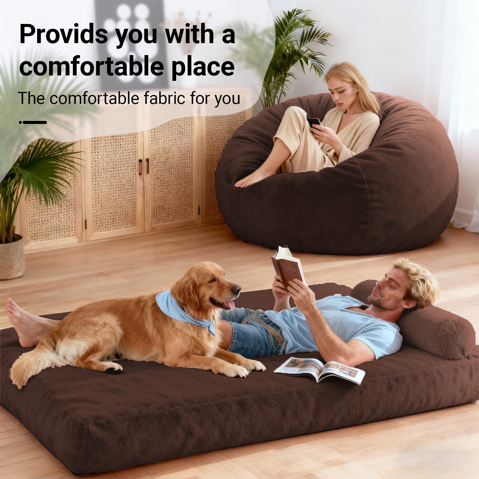 Memory Foam Giant Bean Bags,Bean Bag Chair for Adults, Floor Bean Bags Offers Ample Space for Adults,Lounger Versatile Design Suits Any Room,Movie Nights,Reading(Brown).