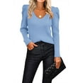 thumbnail image 4 of Zeagoo Womens Puff Long Sleeve Tops V Neck Pullover Sweaters Soft Slim Fit Solid Color Rib Knit Tops, 4 of 8