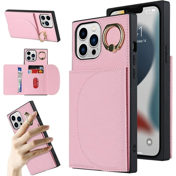 Wallet Cases for iPhone 13 Pro Max with Card Holder 6.7",PU Leather Magnetic Clasp [360° Rotatable Ring Holder Kickstand] Heavy Duty Flip iPhone 12 Pro Max Case for Women Girls,(Pink)