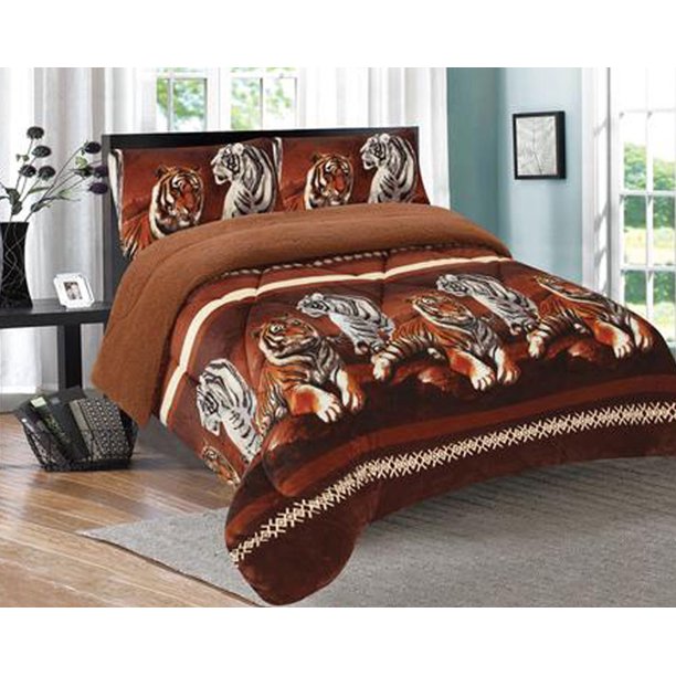 3 Piece Tiger Reversible Warm Flannel Sherpa Borrego Blanket King Size