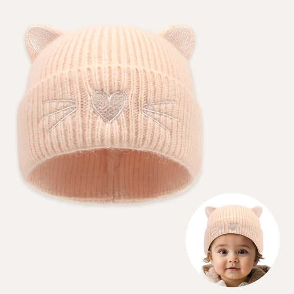 Cute Embroidered Cat Knit Hat For Kids Winter Warm With Ear Soft Yarn Cap Cold Weather, 0-6Months, Pink