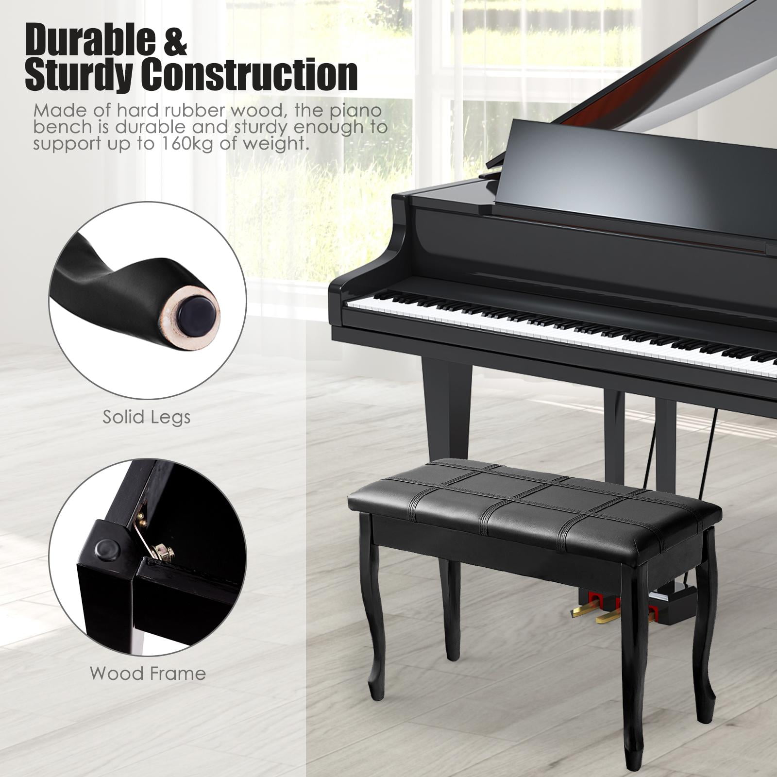Giantex Piano Bench Stool, Heavy Duty Piano Duet Seat w/Padded Cushion, Music Storag & Solid Wooden Legs, Black