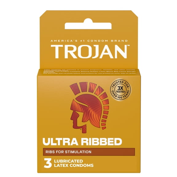 Trojan Ultra Ribbed Latex Lubricated Condoms for Men, 3 Count
