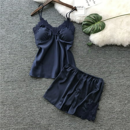 

WANYNG pajamas for women Two Pieces Lace Flower Satin Lingerie Top And Shorts Sleepwear Pajama Set womens fall fashion 2022 Blue L