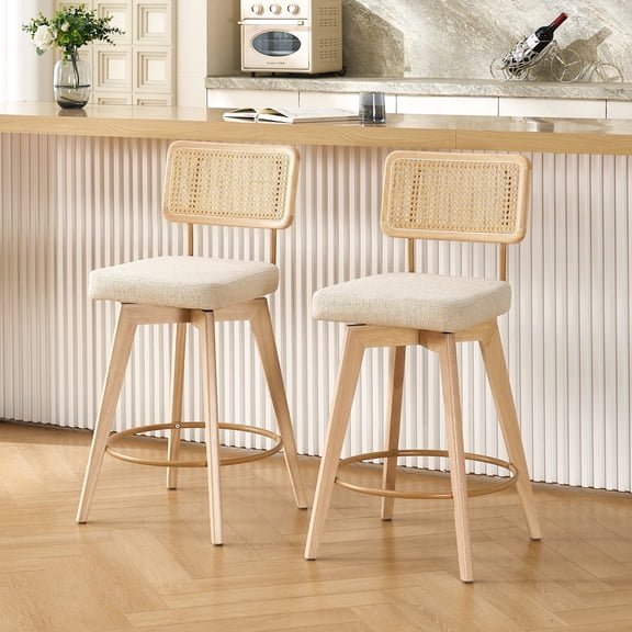 ONEVOG 26.2" Swivel Counter Stools Set of 2, Linen Upholstered with Breathable Cane Back, Farmhouse Counter Height Chairs for Kitchen Island,Beige