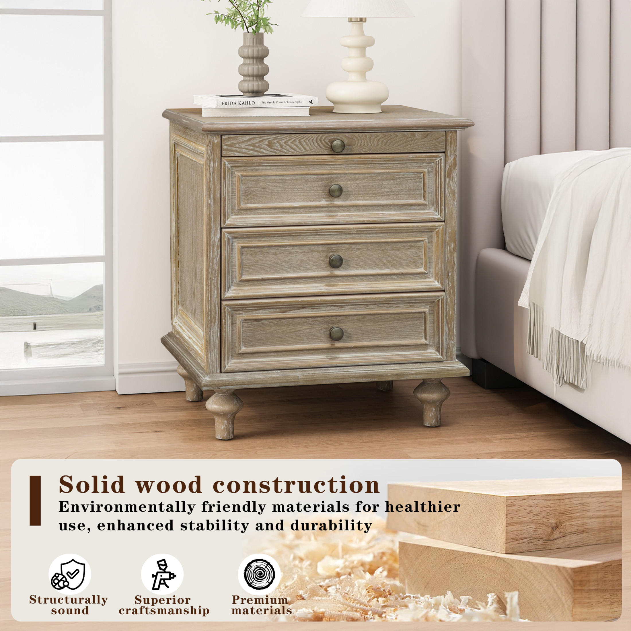 GDF Studio Farmhouse Nightstand with 3 Drawers & Pull-Out Tray, Solid Wood Legs, Natural+White