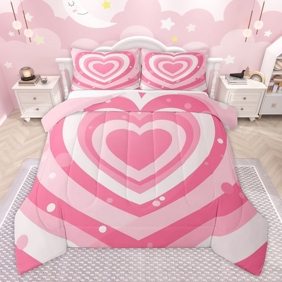 Homewish Kawaii Pink Cartoon Bedding Comforter Set for Kids, Romantic Love Heart Twin Comforter Sets, Fashion Polkadots Reversible Bedding Set, Luxury Bedroom Decor, 2pcs