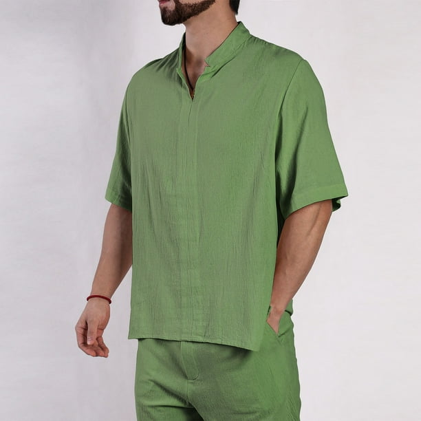 Playera Elvqul Hombre Verde del Ejército Lino Liso Manga Corta Algodón Casual Solapa