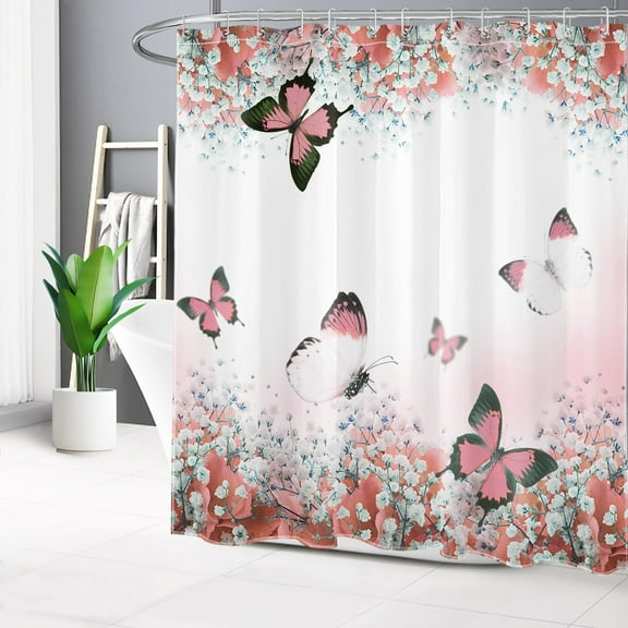 Pink Butterfly Floral Shower Curtain for Bathroom Pink Wildflower Plant Bathroom Shower Curtain Nature Animal Flower Landscape Shower Curtain Bath Accessories Home Decor with 12 Hooks 72x78 Inches