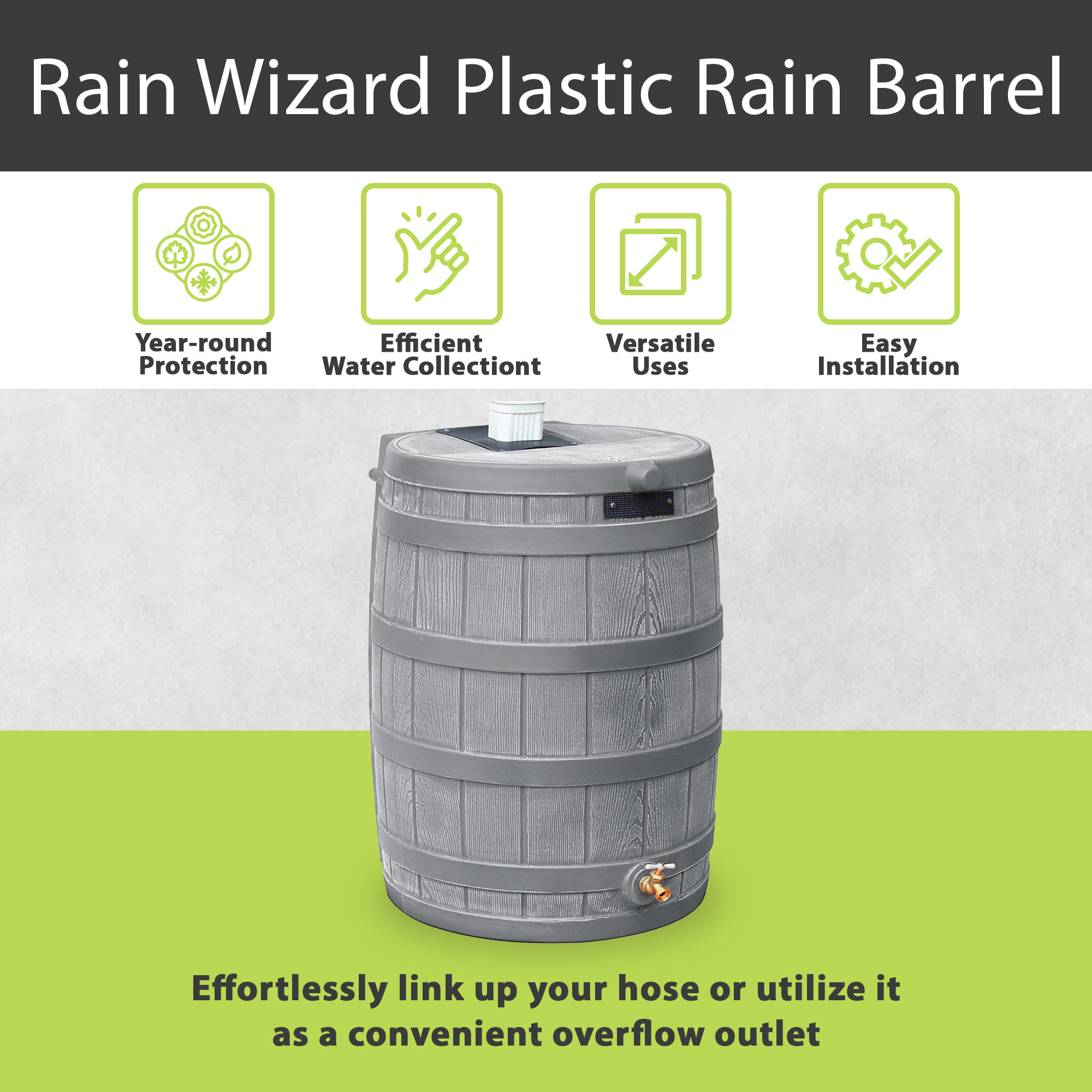 Good Ideas RW50 Rain Wizard 50gal Plastic Rain Barrel Water Collector, Gray