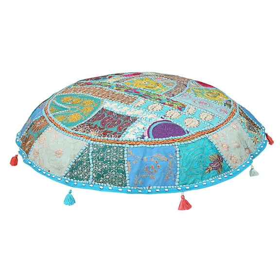 Stylo Culture Ethnic Round Floor Cushion Vintage Patchwork Cover Turquoise Giant 40x40 Inch Decorative Decor Seating Tuffet Seat Pouf Cover Footstool Cotton Embroidered 1 Pc