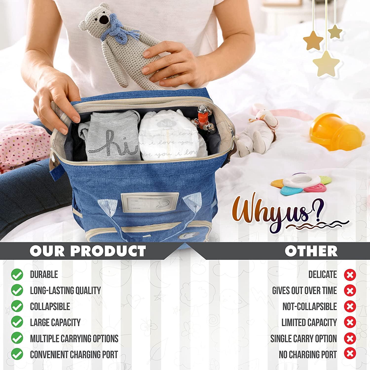Baby Diaper Bag with Changing Station – Diaper Bag Backpack and USB Port, Insulated Bottle Bag, Mosquito Net, Sunshade – Comfortable and Stylish with Practical Stroller Hooks (Blue)