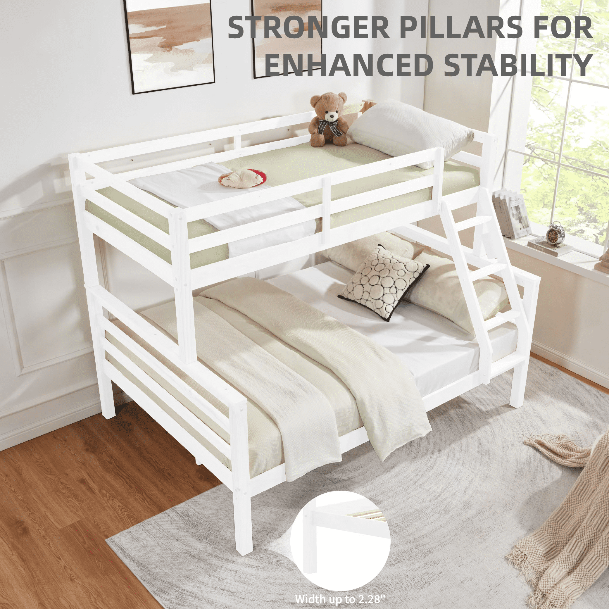 MAYEERTY Twin over Full Bunk Bed with Thick Posts, Wooden Bed Frame with High Guardrail and Ladder for Kids, No Box Spring Needed, White