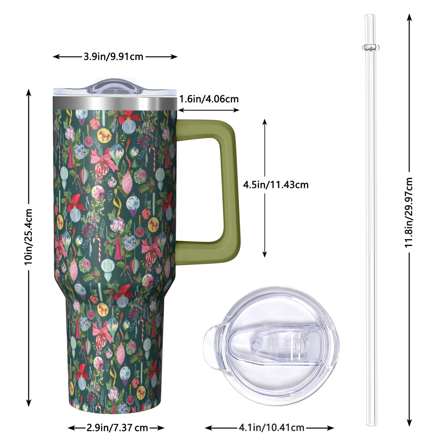 Dark Green Christmas Ornament Pattern Tumbler with Handle and Lid,40oz Double Wall Vacuum Insulated Tumbler,Cups Gift for Women and Men