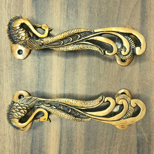 Peacock Design 11 Inches Brass Door Handle Pair, Brass Main Door Handles, Decorative Handles