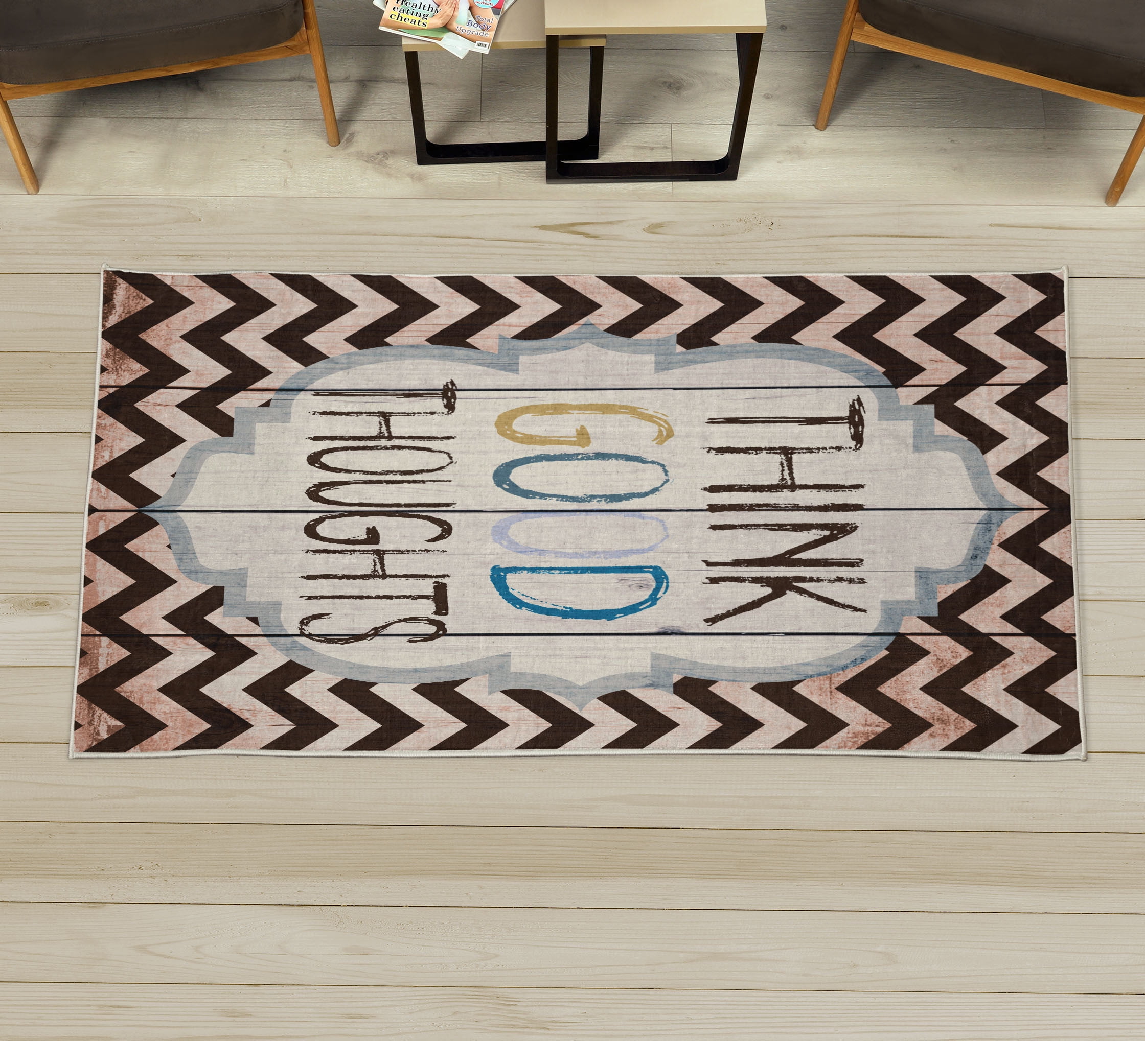 Greetings Rug Saying Decorative Rug, Think Thoughts Message with Rainbow Colored ...