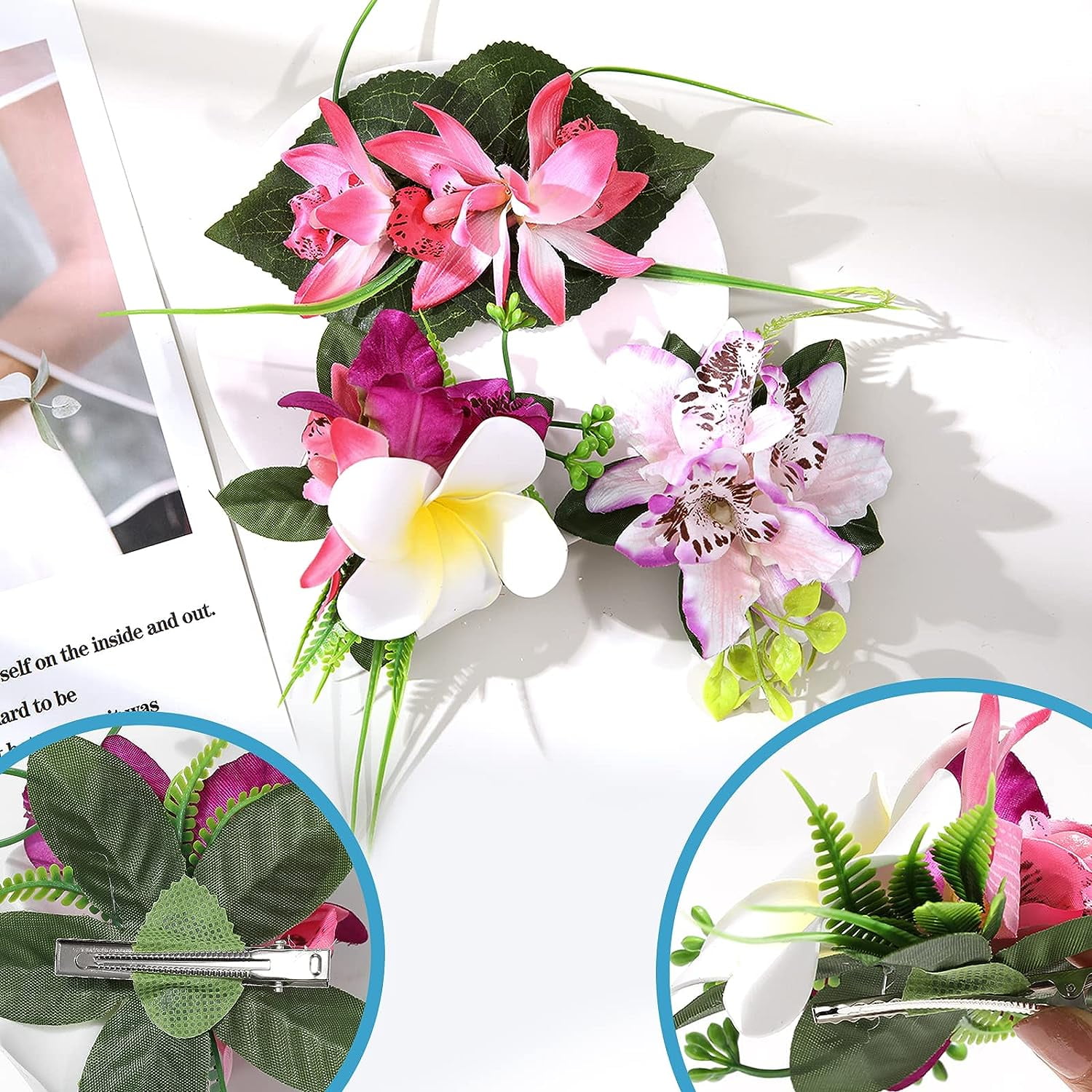 Hawaiian Flower Hair Accessories - 3 Pieces Artificial Tropical Flower Hair Pins, Large Hair Pieces for Women (White, Pink, Purple)