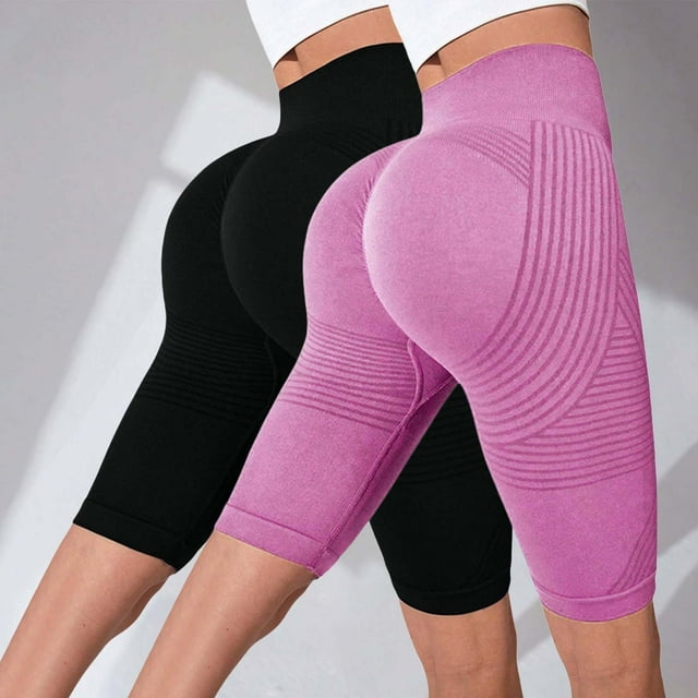 Women's Textured Compression Hip Lifting Fitness Pants, High Waisted Peach Booty Yoga Shorts 2PC Set with Seamless Design, Tummy Control Workout Gear for Gym, Running and Daily Training Pink L