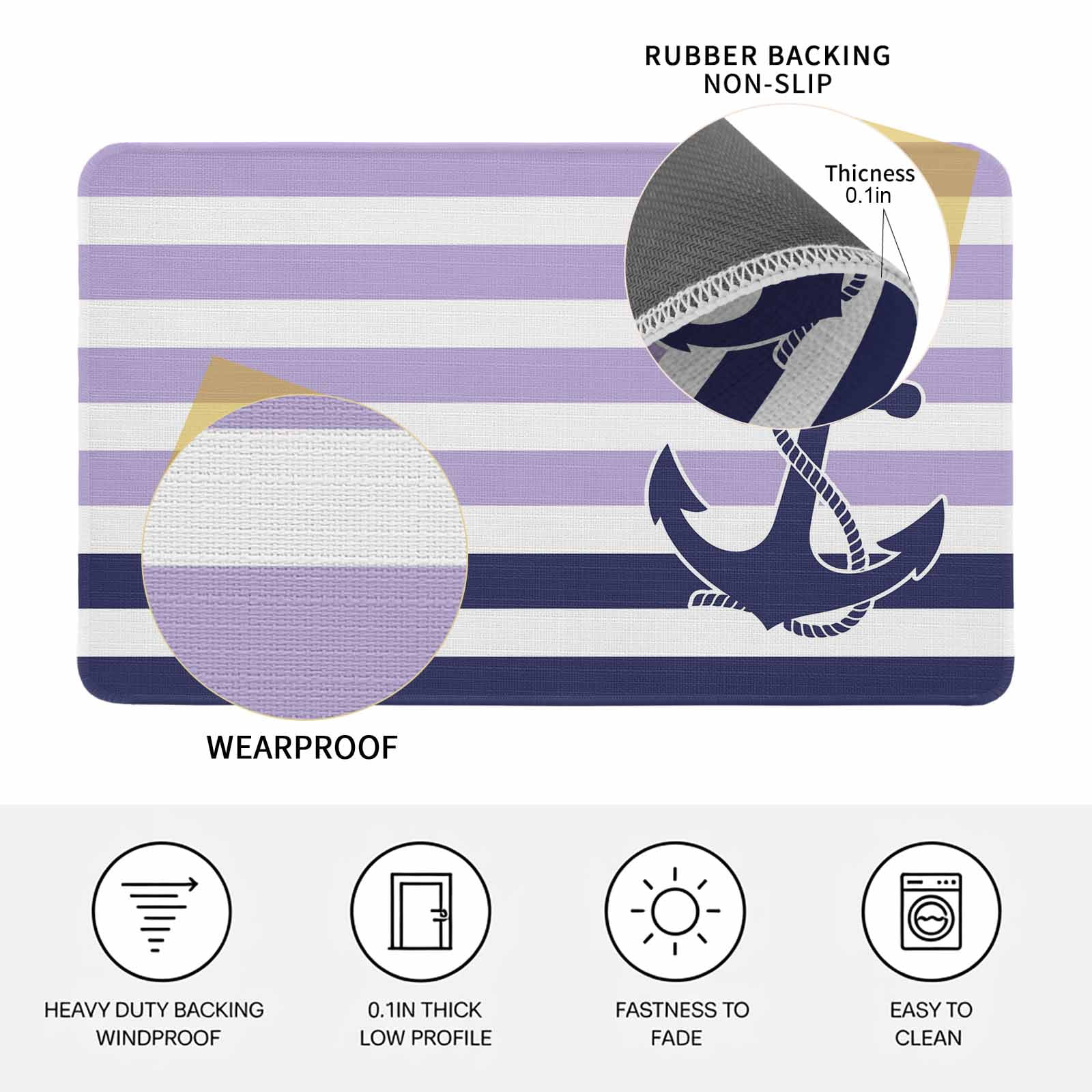 Anchor Purple Doormat Outdoor Entrance 24"x36", Modern Navy Blue White Striped Nautical Absorb Moisture Dirt Door Mats, Non-Slip Rubber Backing Floor Mats Indoor, Low-Profile Front Door Rugs