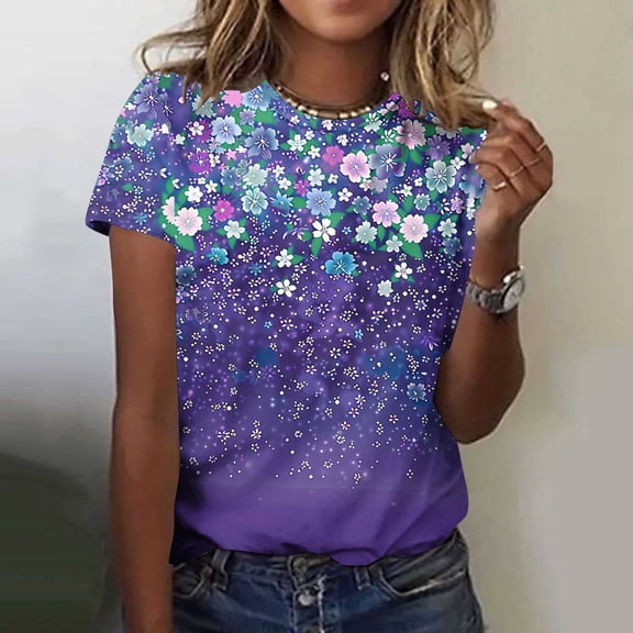 Jsaierl Tops for Women Short Sleeve Summer Elegant Shirts Round Neck Flowy Ladies Blouses Boho Floral Graphic Tshirts Top Plus Size S-5XL