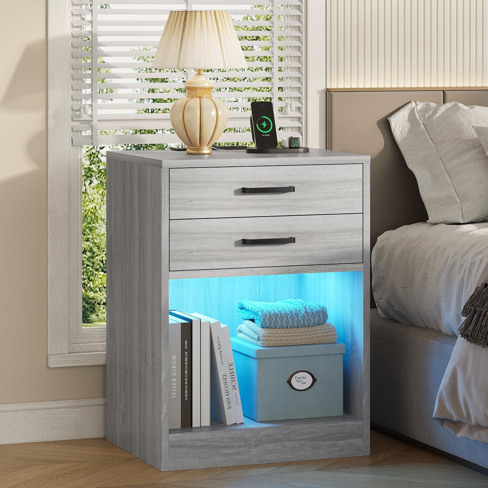 Nightstands Set of 2,LED Night Stands Bedside Table with Drawers for Bedrooms,Nightstand with USB Ports Charging Station and LED Lights, Grey