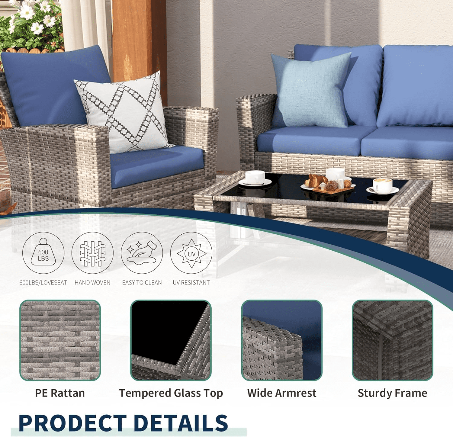 Amopatio Wicker Patio Furniture Set, 4 Piece Outdoor Sectional Conversation Sets, Gray PE Rattan Patio Sofa Set for Balcony, Porch, Backyard,Blue