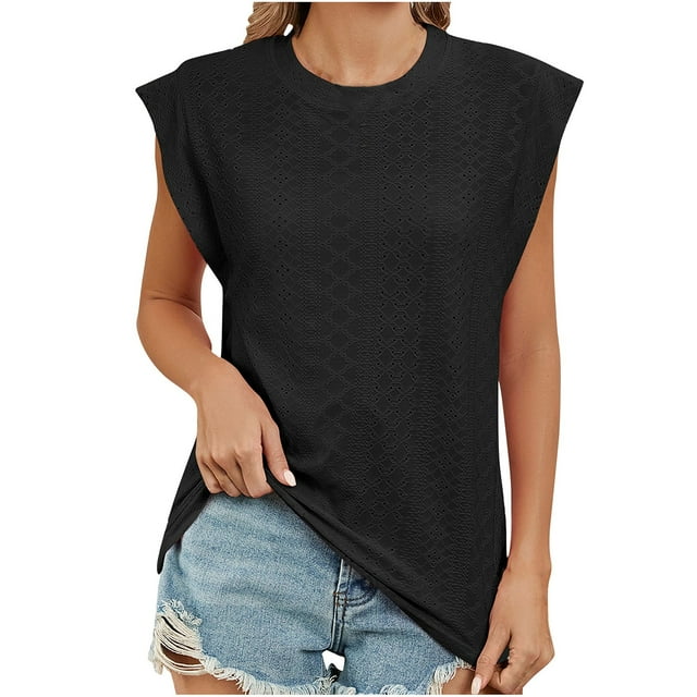 Besolor Débardeurs d'Été pour Femmes Col Rond Sans Manches Chemises à Illets Décontractées Blouse Tendance Couleur Unie