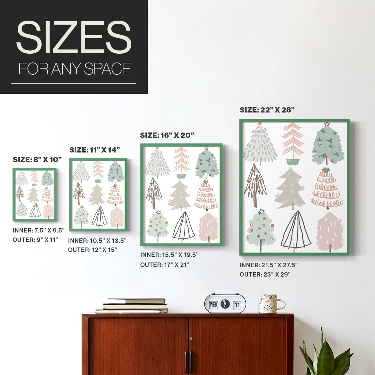 Christmas Tree Sketchbook I Framed Print in Green Solid Wood Framed Print No Nail Hanging
