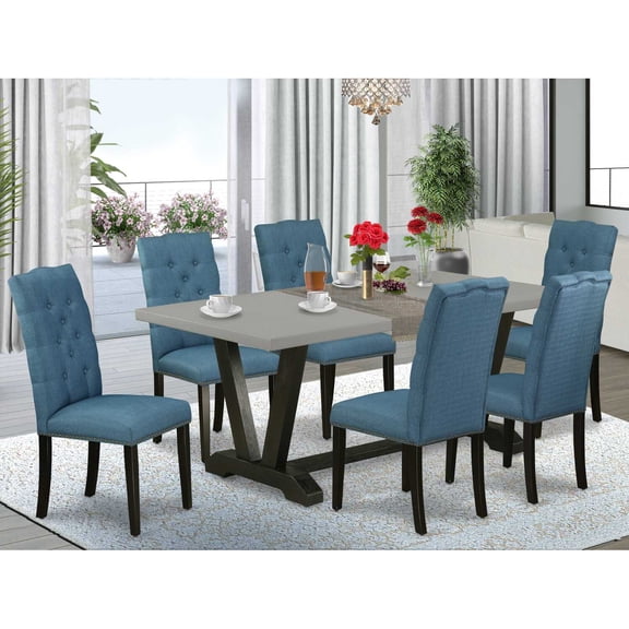 East West Furniture V-Style 7-piece Wood Dining Table Set in Black/Cement