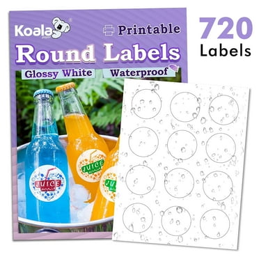 Koala Printable Round Label 2 Inch Glossy White Waterproof Circle Stickers 720 Pcs Bulk for Inkjet and Laser Printers, Blank Round Stickers for Brand Logo, Waterbottles, Jar Labels