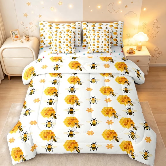 Erosebridal Kawaii Bug Bee 7-Piece Twin Bedding,Cartoon Floral Bedding Comforter Set,White Black,Polkadot Reversible