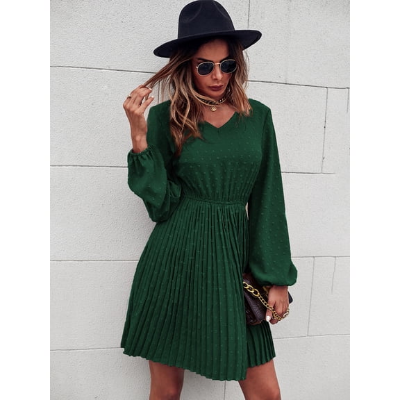 V Neck Swiss Dot Long Sleeve Pleated Dress Above Knee Length