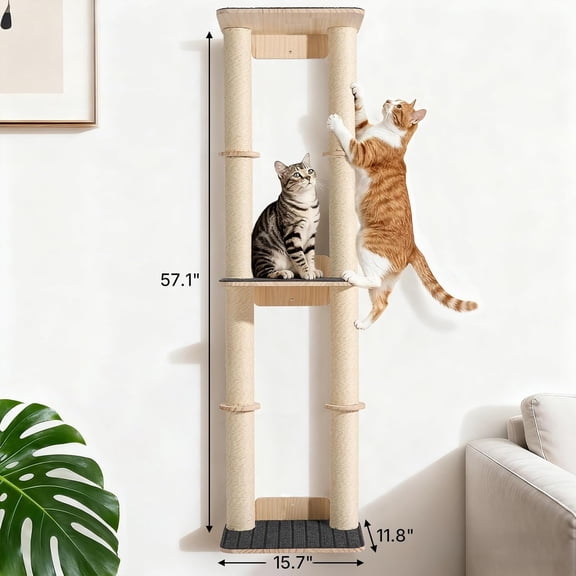 Wall Mounted Cat Scratcher, 57" Tall Cat Wall Scratcher with Dual Sisal Scratching Posts and Large Carpeted Perch, Corner Climbing Pole for Indoor Cats