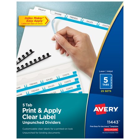 UPC: 0072782114435 | Avery 5 Tab Unpunched Dividers for Use with Any Binding System  Easy Print & Apply Clear Label Strip  Index Maker Customizable White Tabs  25 Sets (11443)