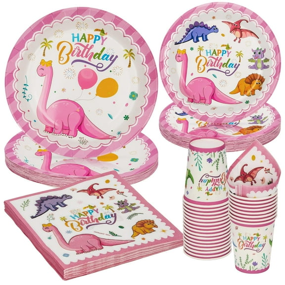 96 Pcs Party Plates and Cups and Napkins Sets, Pink Dinosaur Birthday Cute Pastel Paper Plates and Napkins for Girl Birthday Party, Disposable Tableware Sets, Serve for 24 Guests