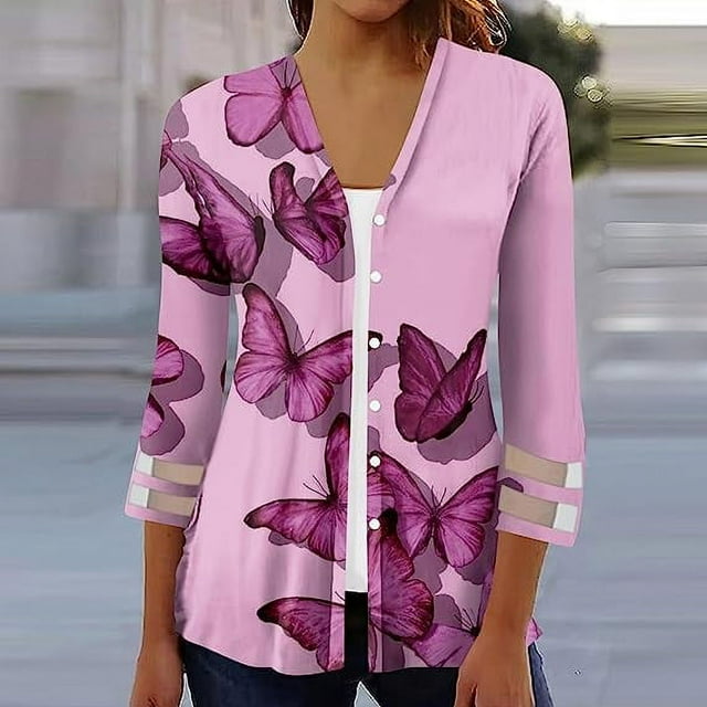 Cardigans pour Femmes Grande Taille Mode Féminine Cardigan à Manches Trois-Quarts 4/3 avec Boutons Veste Haut Femmes Cardigans Léger en Liquidation
