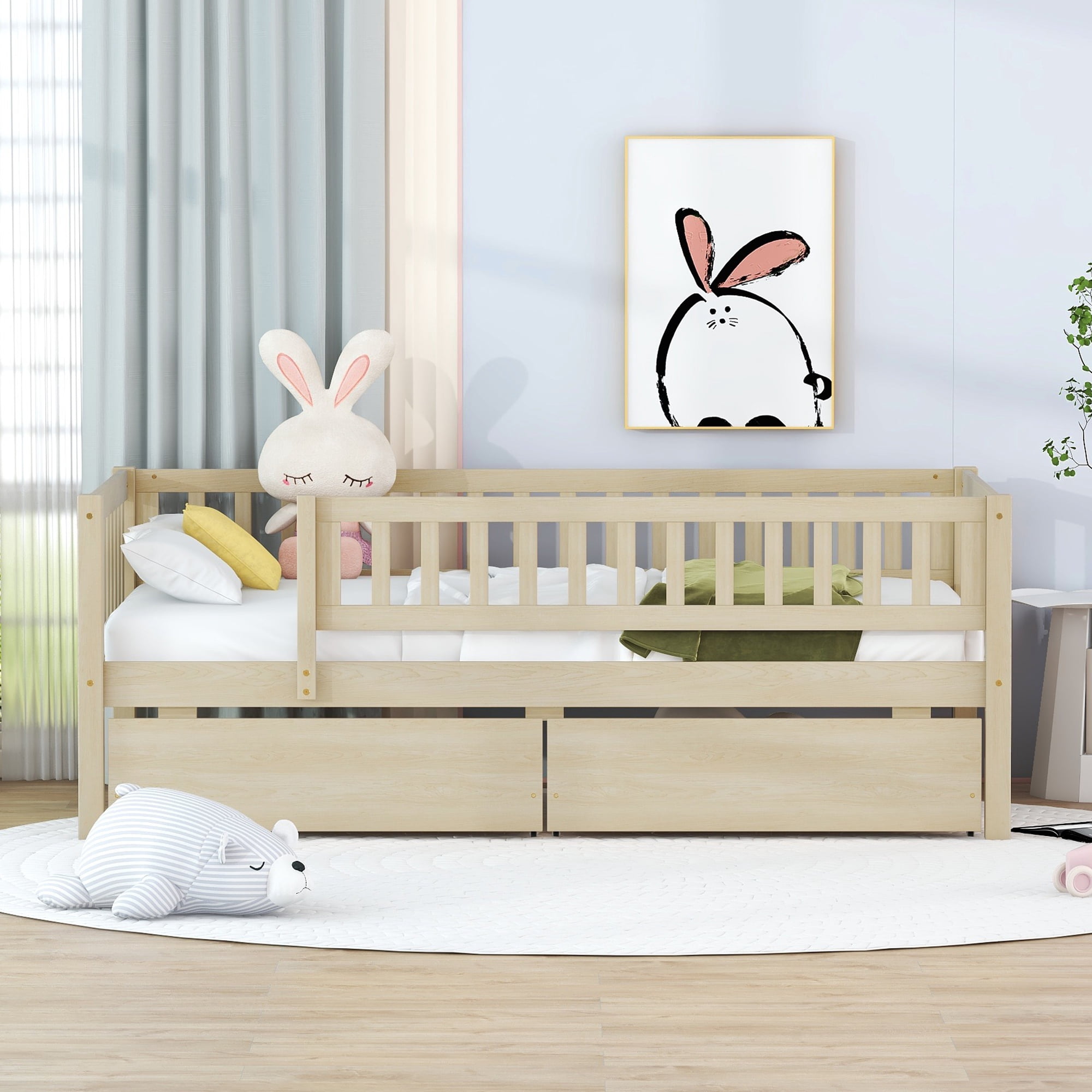 Bellemave Twin Daybed with Storage and Fence, Wooden Twin Size Platform Bed with Rails and 2 Drawers, Low Loft Bed Frame, No Box Spring Needed (Natural)