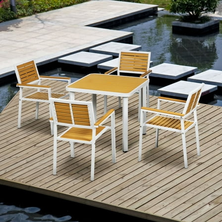 Tavern Table & 4 Chairs Set: Waterproof HDPE & Aluminum, 32.7" Patio Dining, Yellow/White, Outdoor Deck/Patio Furniture, Umbrella Hole