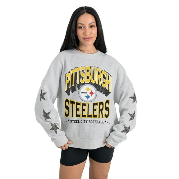 Women's Gameday Couture  Ash Pittsburgh Steelers Resilience Relaxed Rhinestone Pullover Sweatshirt