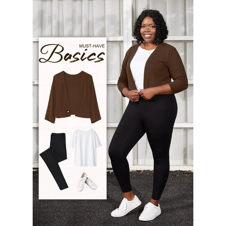 SHOWMALL Plus Size Shrugs for Women 3 4 Sleeve Coffee 3X Lightweight Tops Open Front Knit Shrug Cropped Cardigan Sweater Bolero Coat for Evening